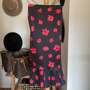 Black Floral Print Frill Hem Bodycon Dress
